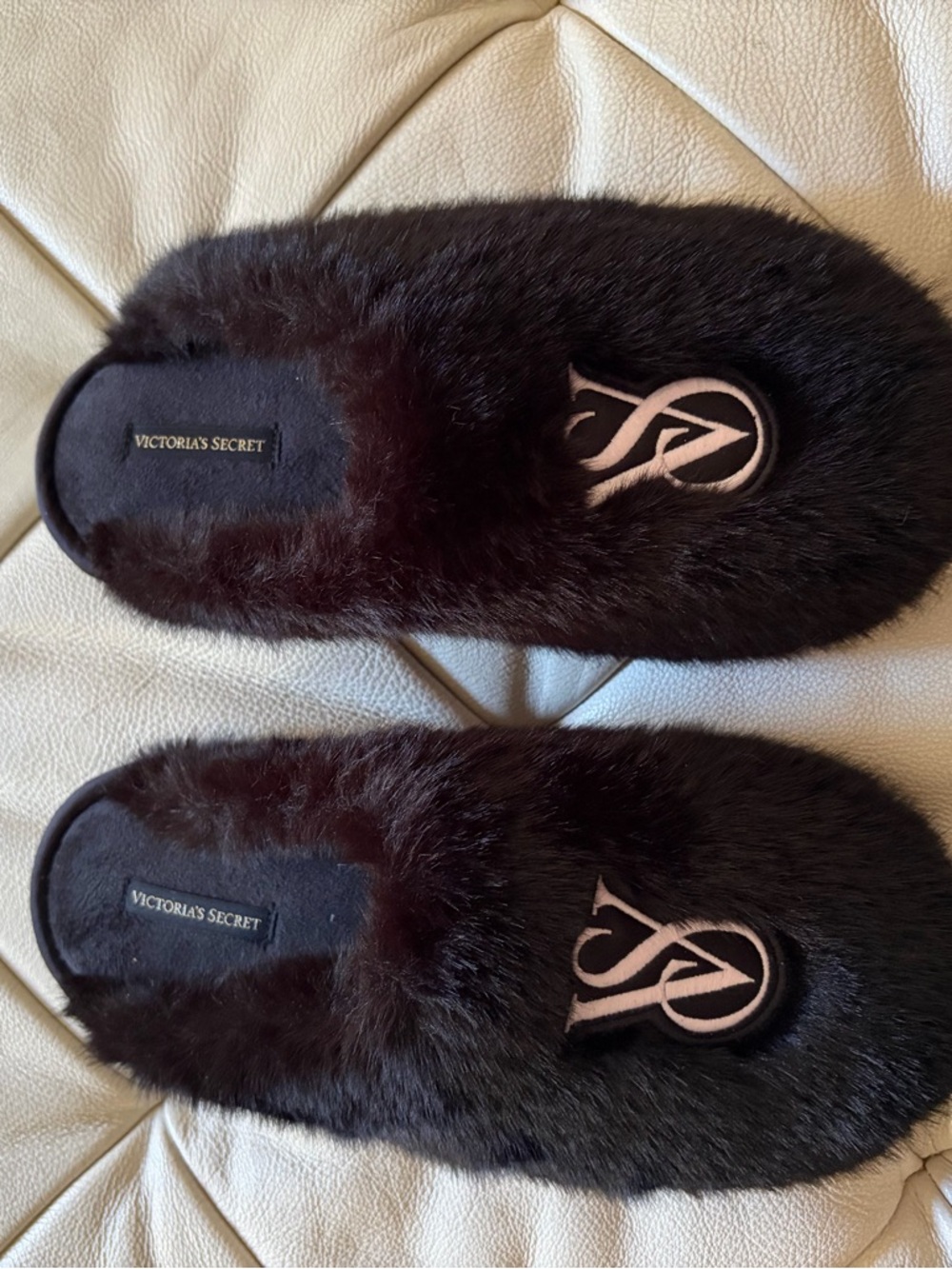 Victoria's Secret Black Faux Fur Slip-On Slippers